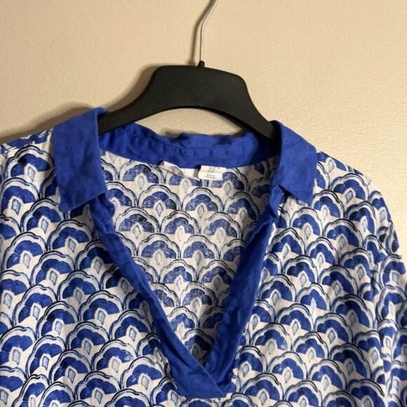 Sigrid Olsen Size XL Linen Blue Collared Scalloped Tunic Blouse Top - Picture 2 of 6